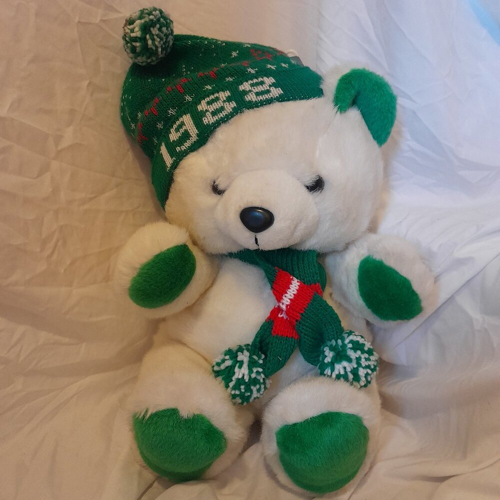 Vintage Retro 1988 K-Mart Christmas Bear Plush Green Scarf And Winter Hat